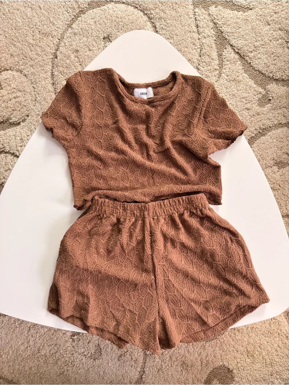 Textured Two-Piece Crop Top & Shorts Set - Brown